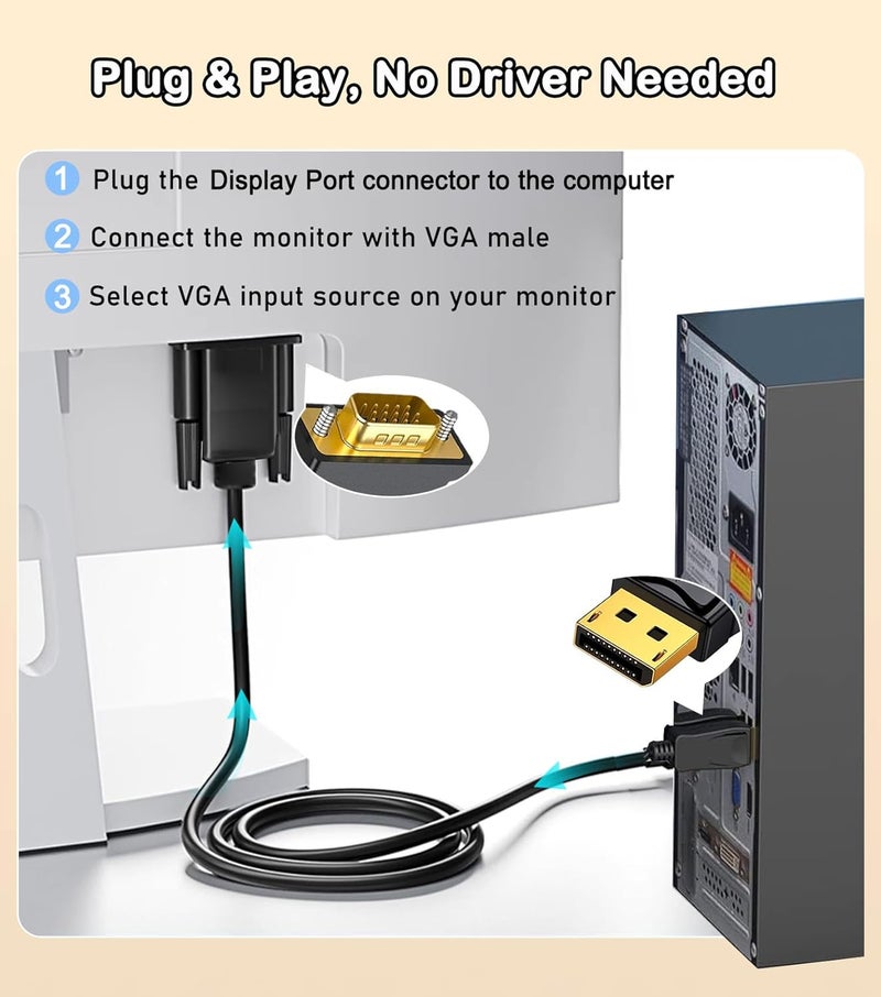 AKWOR 5 حزمة كابل DisplayPort إلى VGA بطول 6 أقدام، محول Display Port DP إلى VGA، كابل فيديو 1080P@60Hz من اللابتوب/الكمبيوتر (DP) إلى الشاشة/البروجيكتور (VGA)، (غير ثنائي الاتجاه، غير مخصص لـ HDMI أو USB) - Image 4
